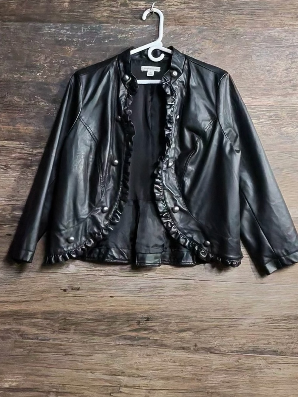 JohnPaulRichard Black Faux Leather Ruffle-Trim Jacket
